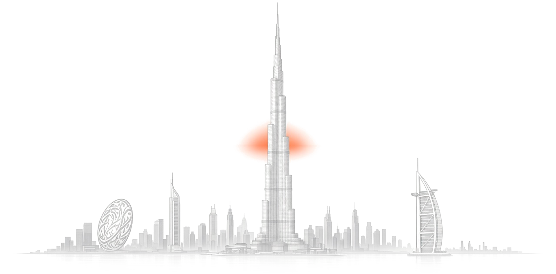 Dubai skyline with Burj Khalifa, Burj Al Arab, and the Museum of the Future